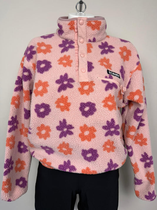 Columbia Cropped Pullover Snap Button Daisy Flower Print Fleece Jumper -M/Medium