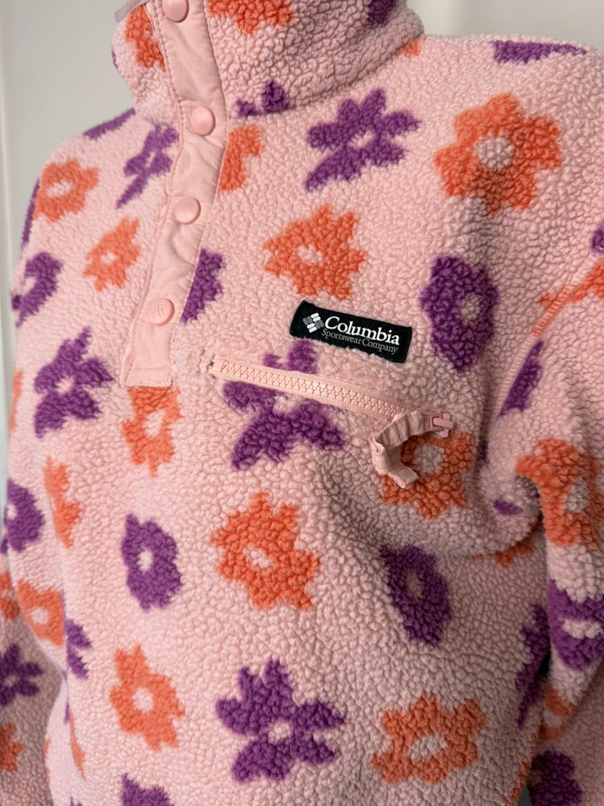 Columbia Cropped Pullover Snap Button Daisy Flower Print Fleece Jumper -M/Medium