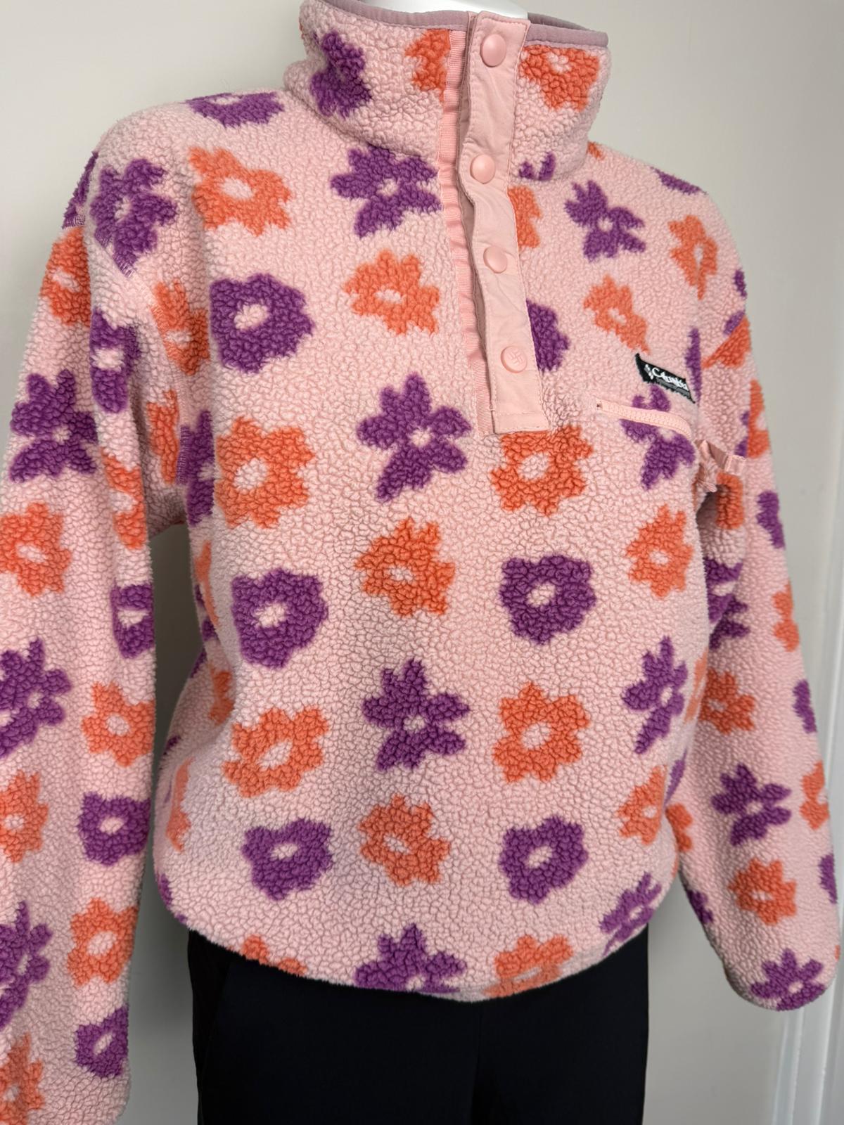 Columbia Cropped Pullover Snap Button Daisy Flower Print Fleece Jumper -M/Medium