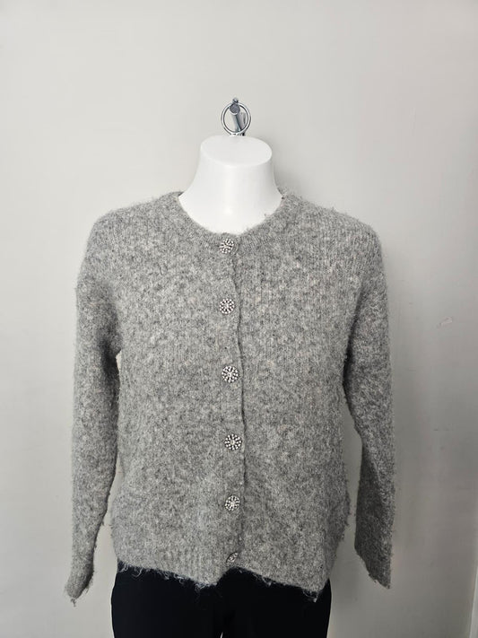 Fat Face Women's Wool Blend Fluffy Sparkly Button Cardigcan - UK 8 - Grey