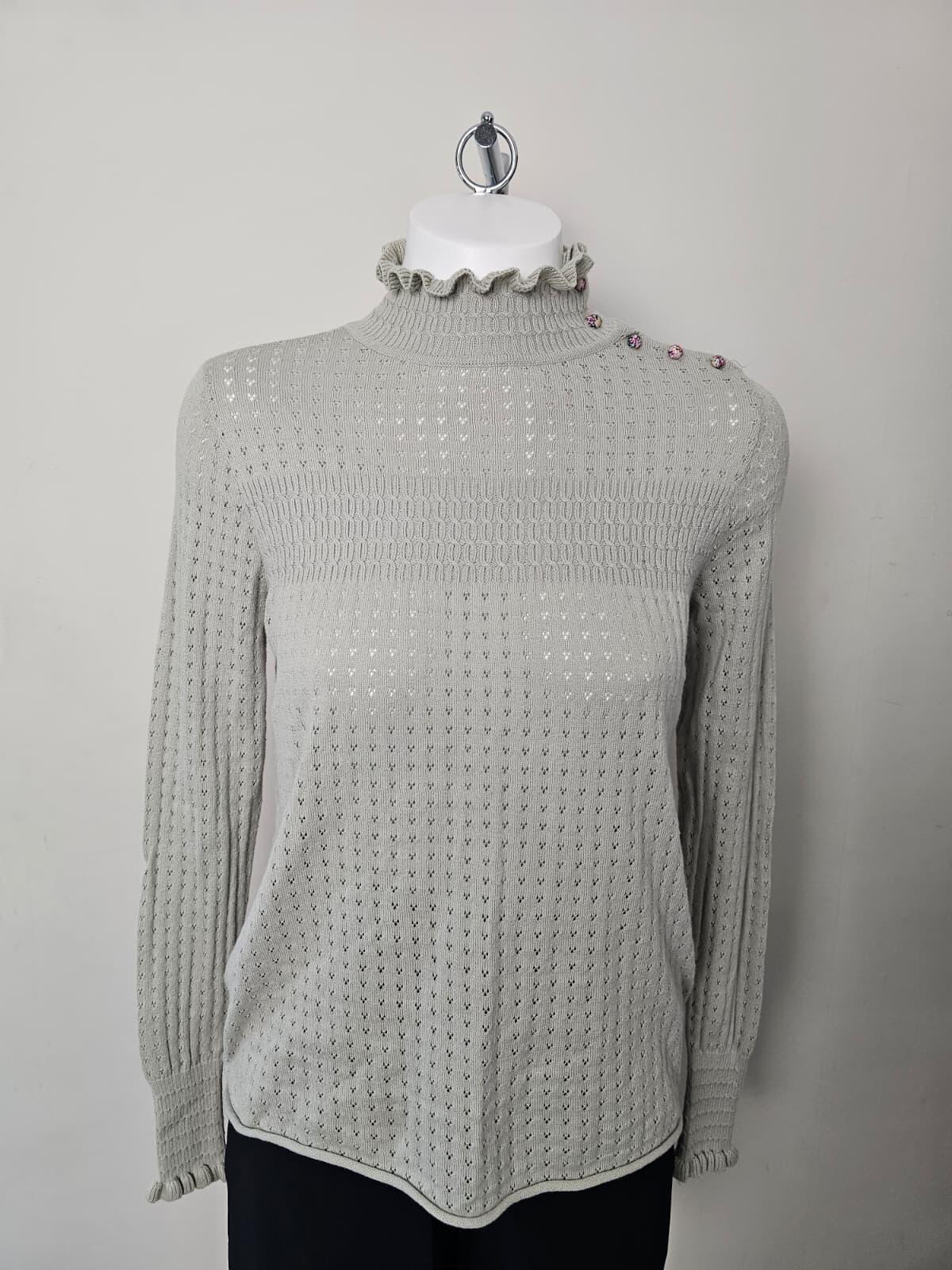 On This Note Victorian‑influenced Eyelet Ruffle Neck Knit Sage Jumper - S/Small