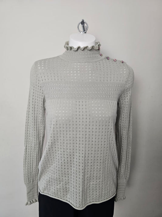 On This Note Victorian‑influenced Eyelet Ruffle Neck Knit Sage Jumper - S/Small