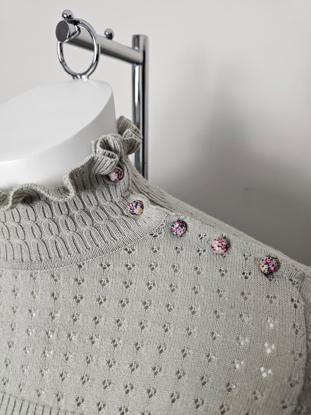 On This Note Victorian‑influenced Eyelet Ruffle Neck Knit Sage Jumper - S/Small