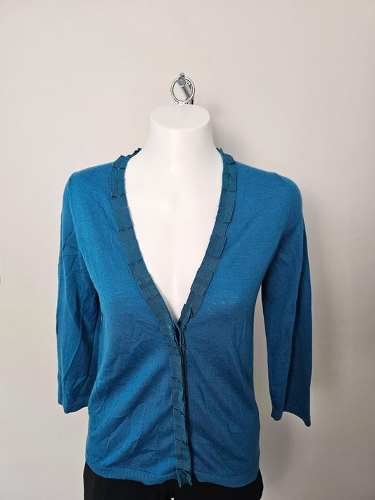 Boden Vintage 100% Wool Womens Ruffle Trim V Neck Cardigan - Teal Blue - UK 12