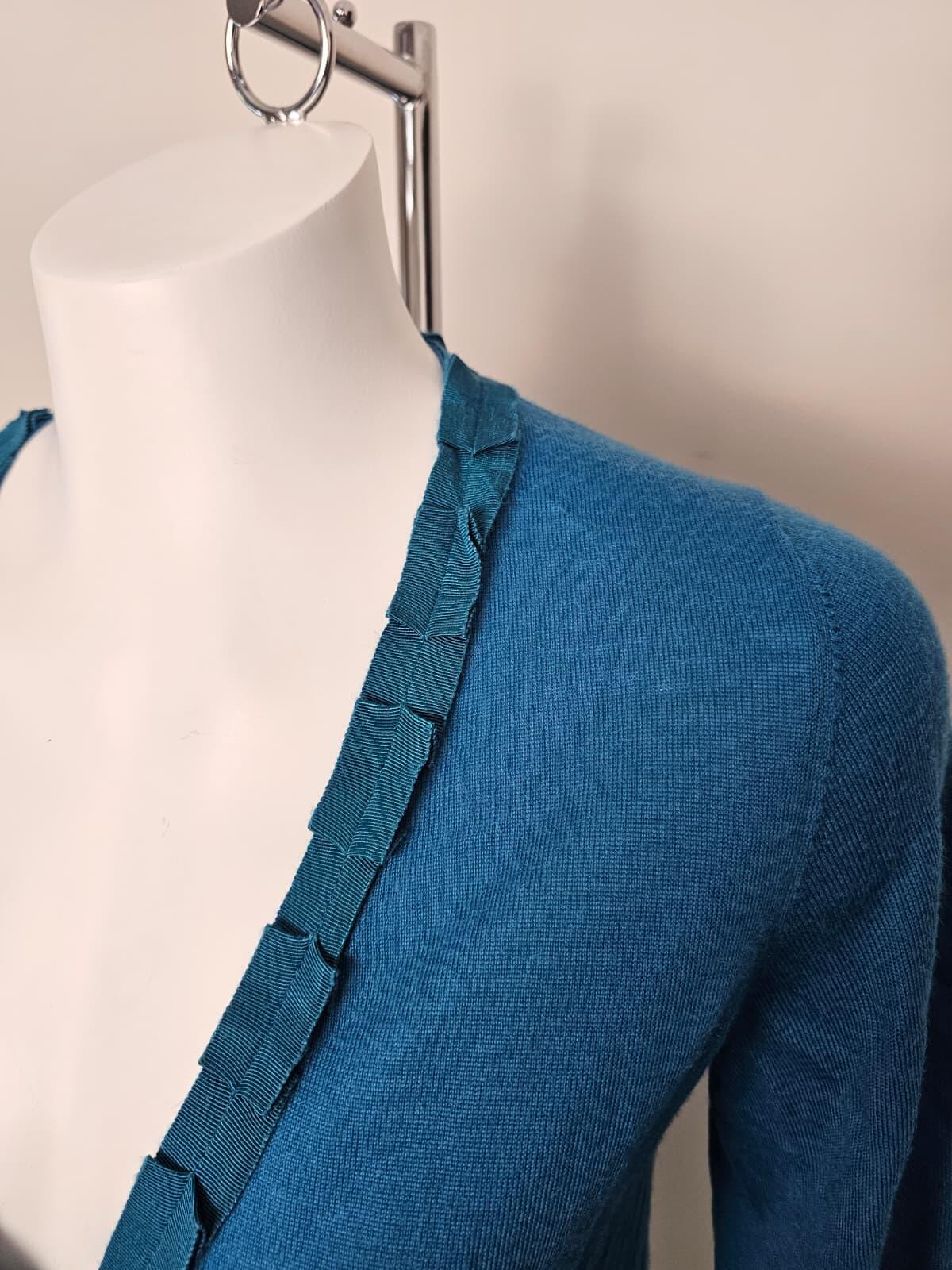 Boden Vintage 100% Wool Womens Ruffle Trim V Neck Cardigan - Teal Blue - UK 12