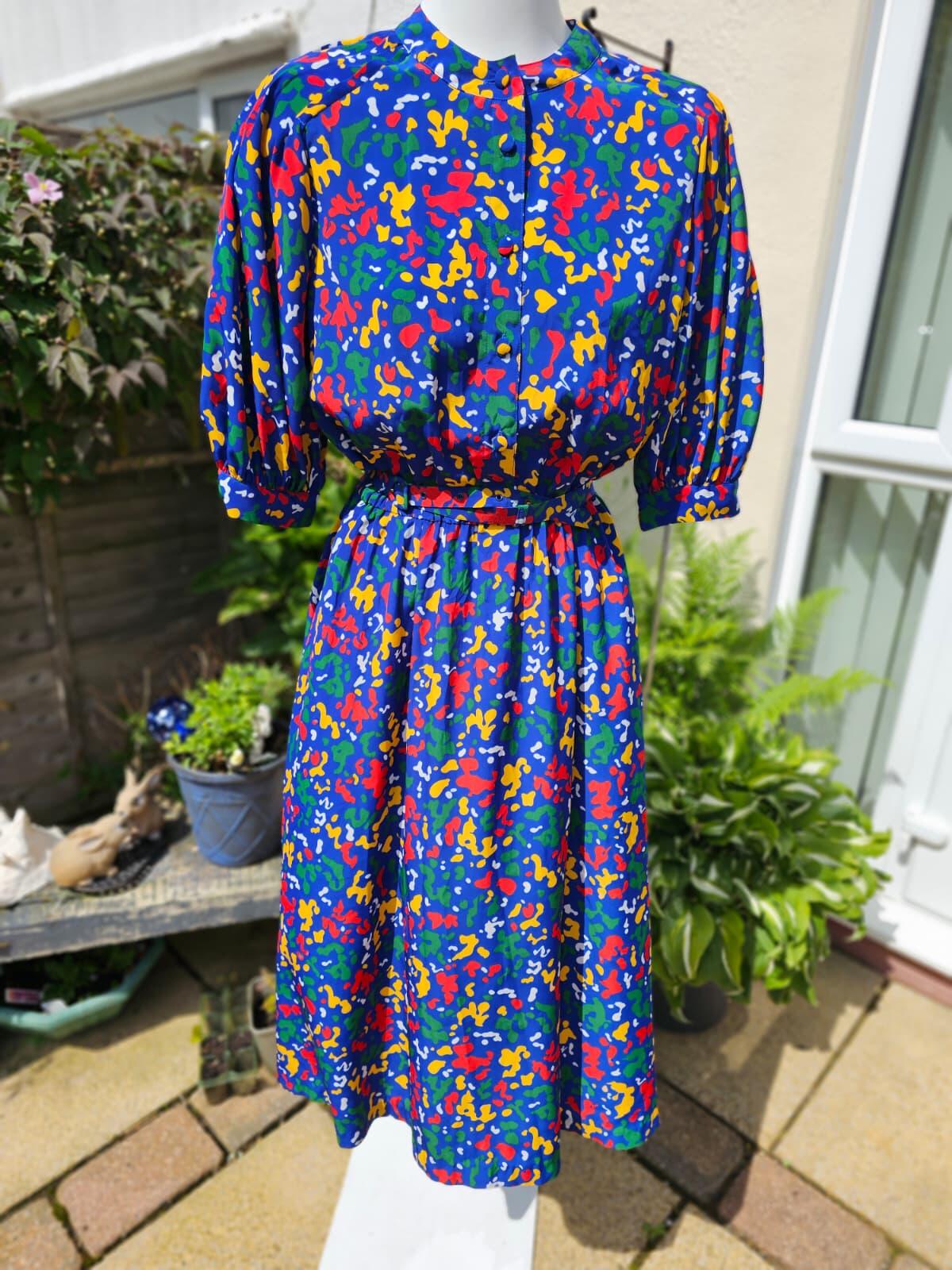 Gorgeous 'Made In France' Devernois 80's/90's Abstract Pattern Dress - UK 14