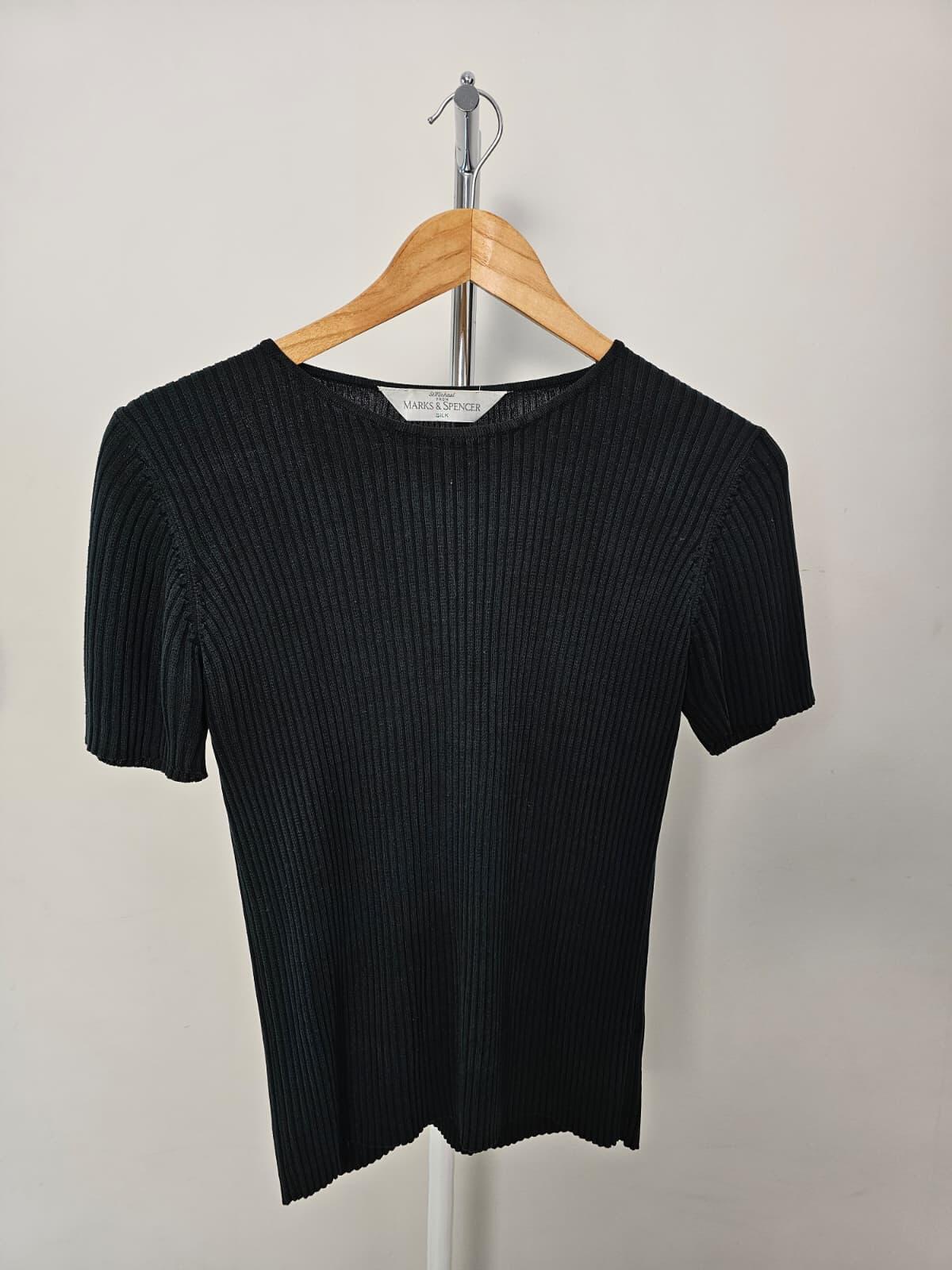 St Michael Women's Short Sleeve Silk Ribbed Top - UK 16 - Black