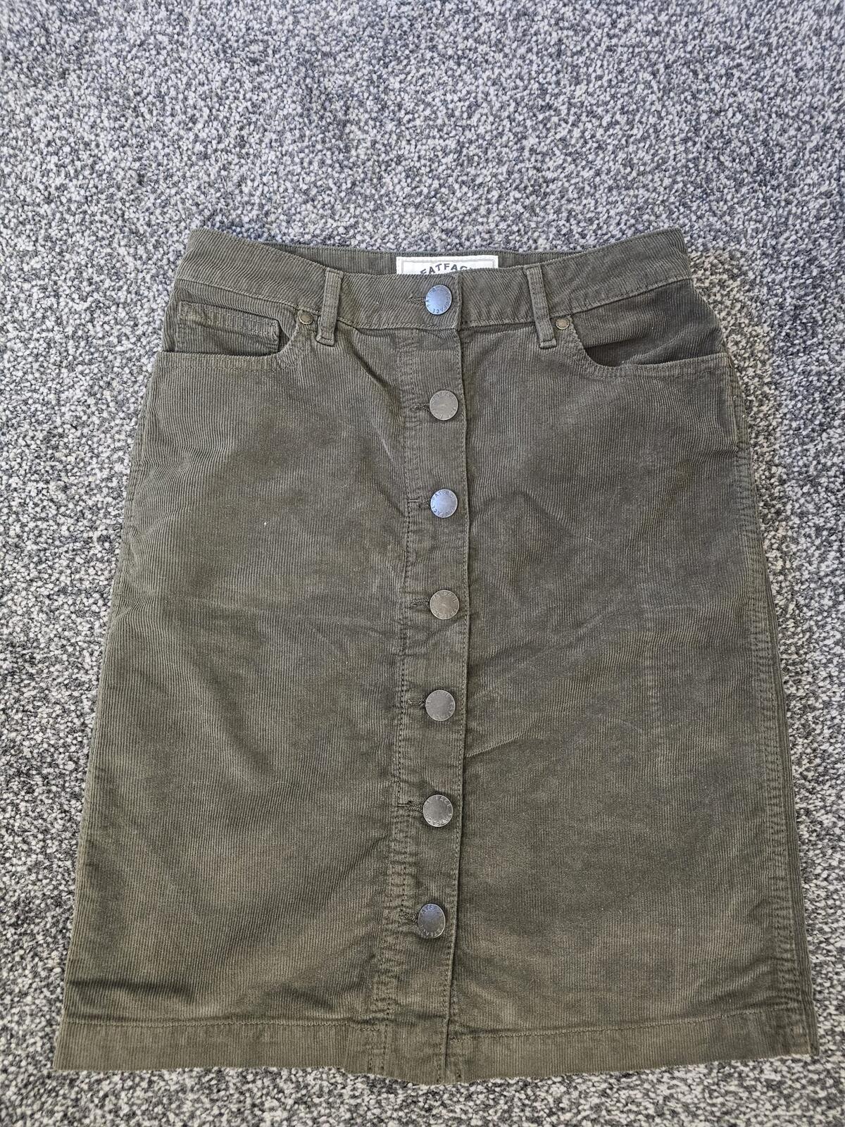 Fat Face UK Women's Corduroy Button Front Skirt - UK 6 - Dark Green/Khaki