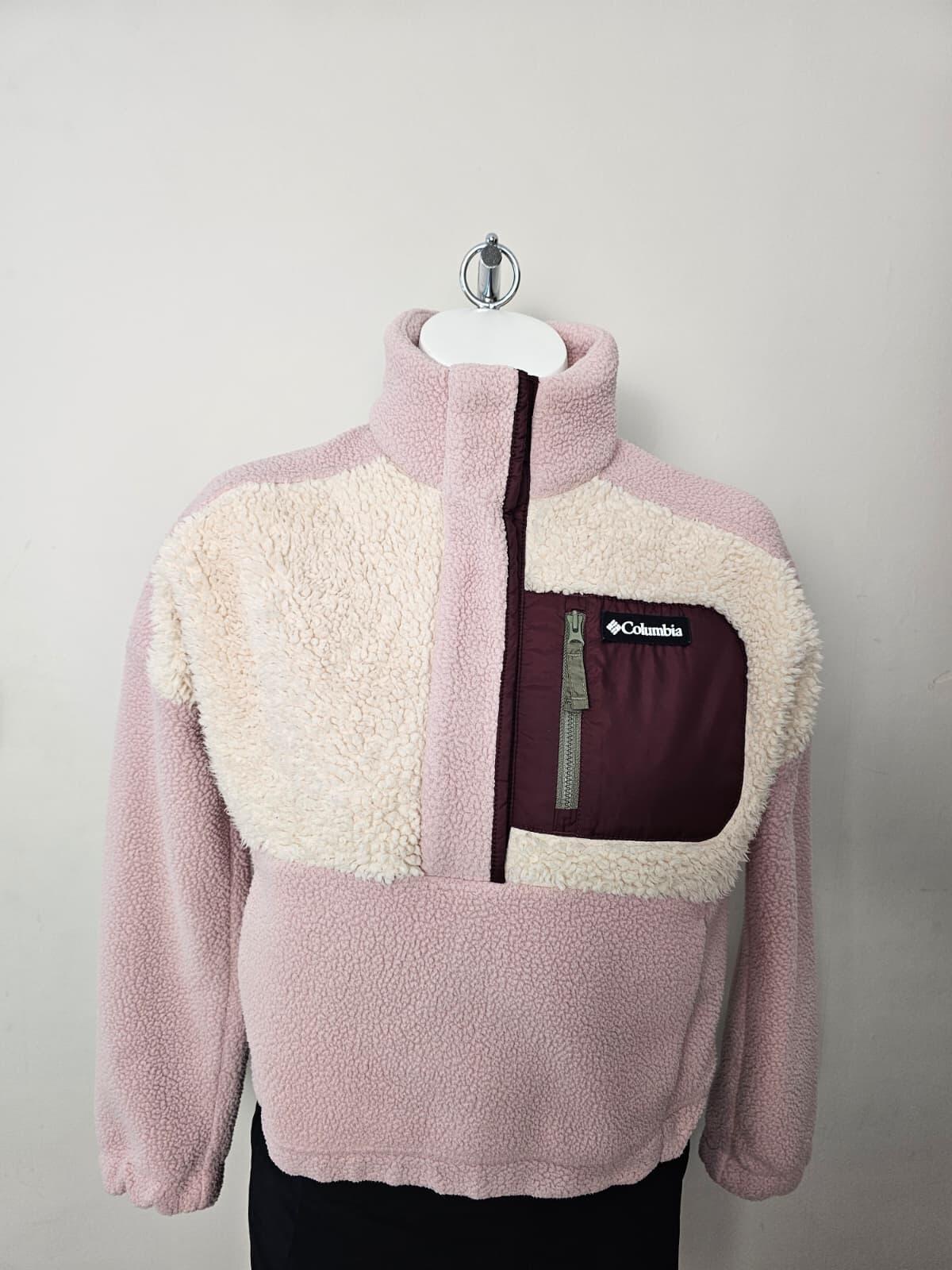 Columbia Women's Cropped Pullover Snap Button Fleece Jumper - Pink/Off White - S