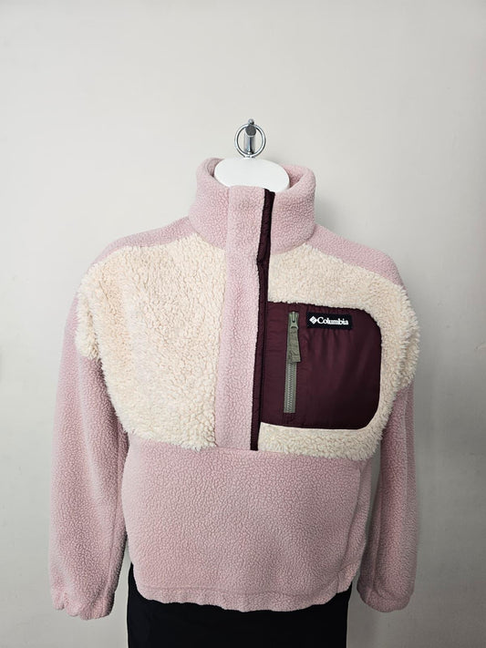Columbia Women's Cropped Pullover Snap Button Fleece Jumper - Pink/Off White - S