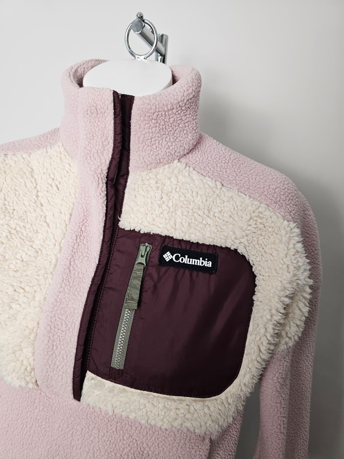 Columbia Women's Cropped Pullover Snap Button Fleece Jumper - Pink/Off White - S