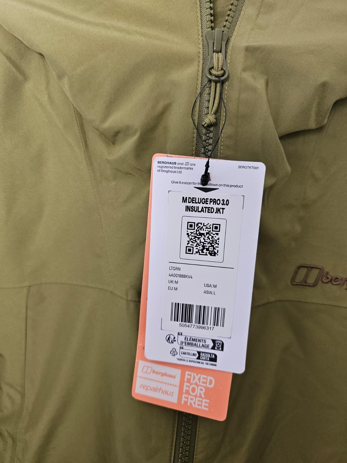 Berghaus Deluge Pro 3.0 Full Zip Insulated Hooded Jacket - M/Medium - Khaki