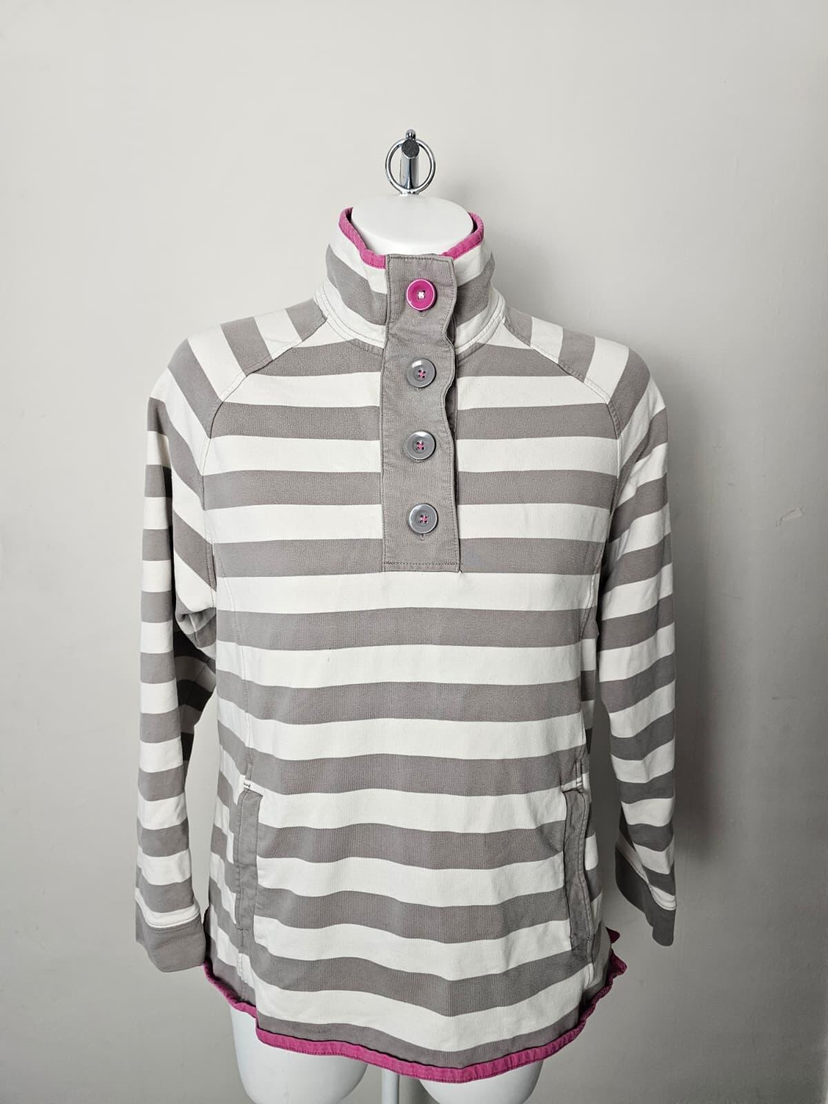 Joules Women's Pullover Button Neck Hand Pocket Striped Sweatshirt Jumper  UK 14