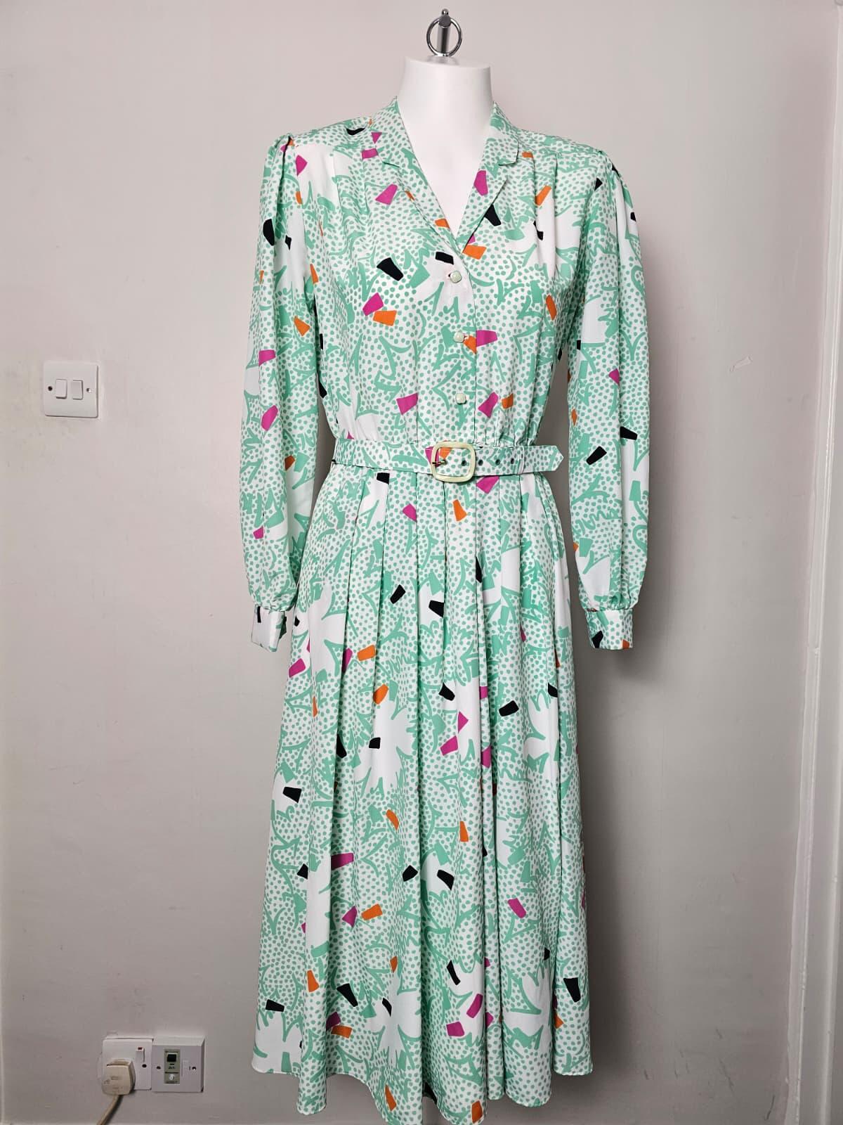 Richard Roberts Collection Vintage Women's 80's Belted Shirt Dress - UK 14 Green