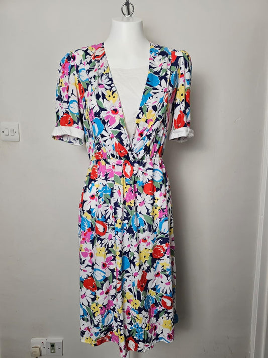 Vintage 'Made In UK' 1980's Style V‑neck Floral print Midi Day Dress - UK 16