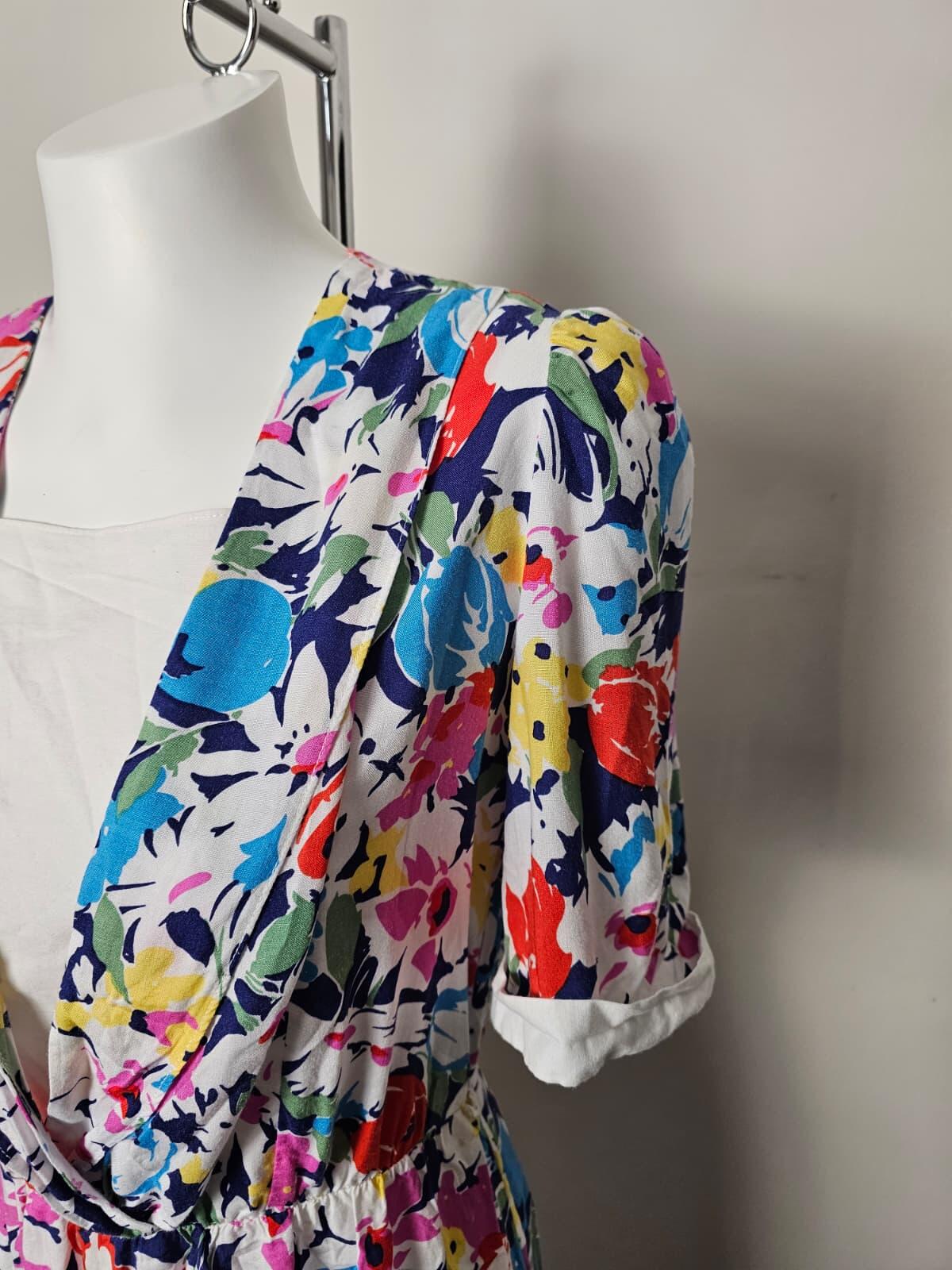 Vintage 'Made In UK' 1980's Style V‑neck Floral print Midi Day Dress - UK 16