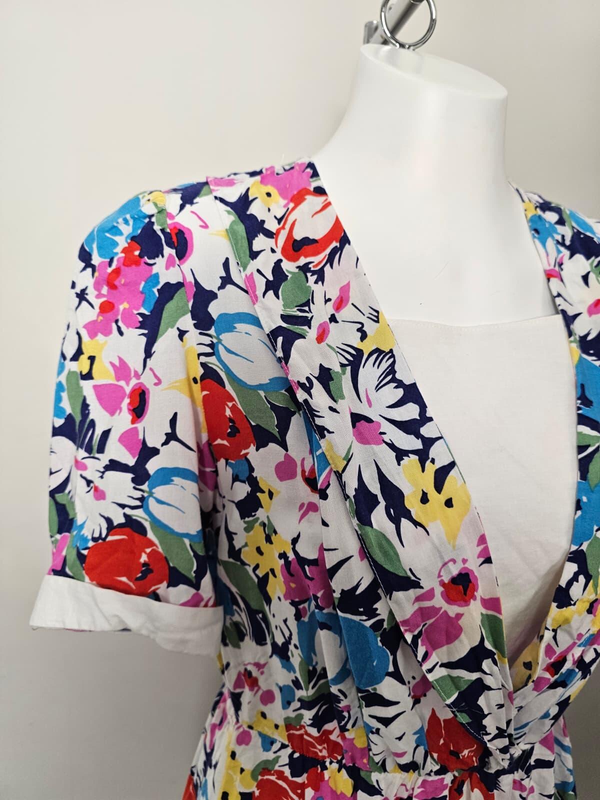 Vintage 'Made In UK' 1980's Style V‑neck Floral print Midi Day Dress - UK 16