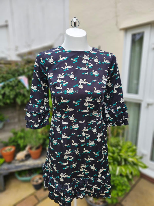 Joanie Womens Caroline Swan Lake Print Ruffle Mini Casual Spring Dress - UK 8