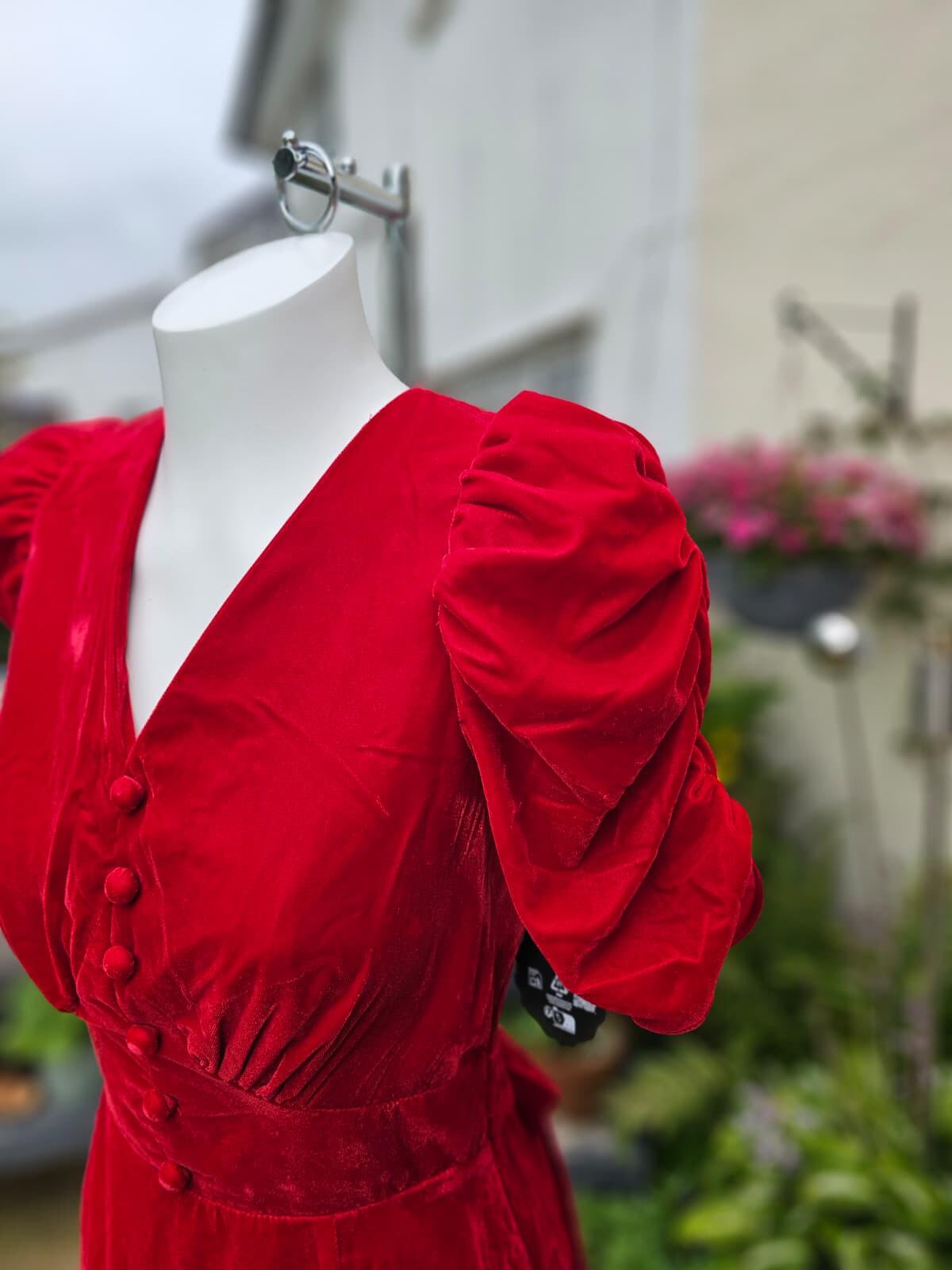 Christina Hendricks Joanie Neroli Puff Sleeve Velvet Dress Scarlett Red - UK 8