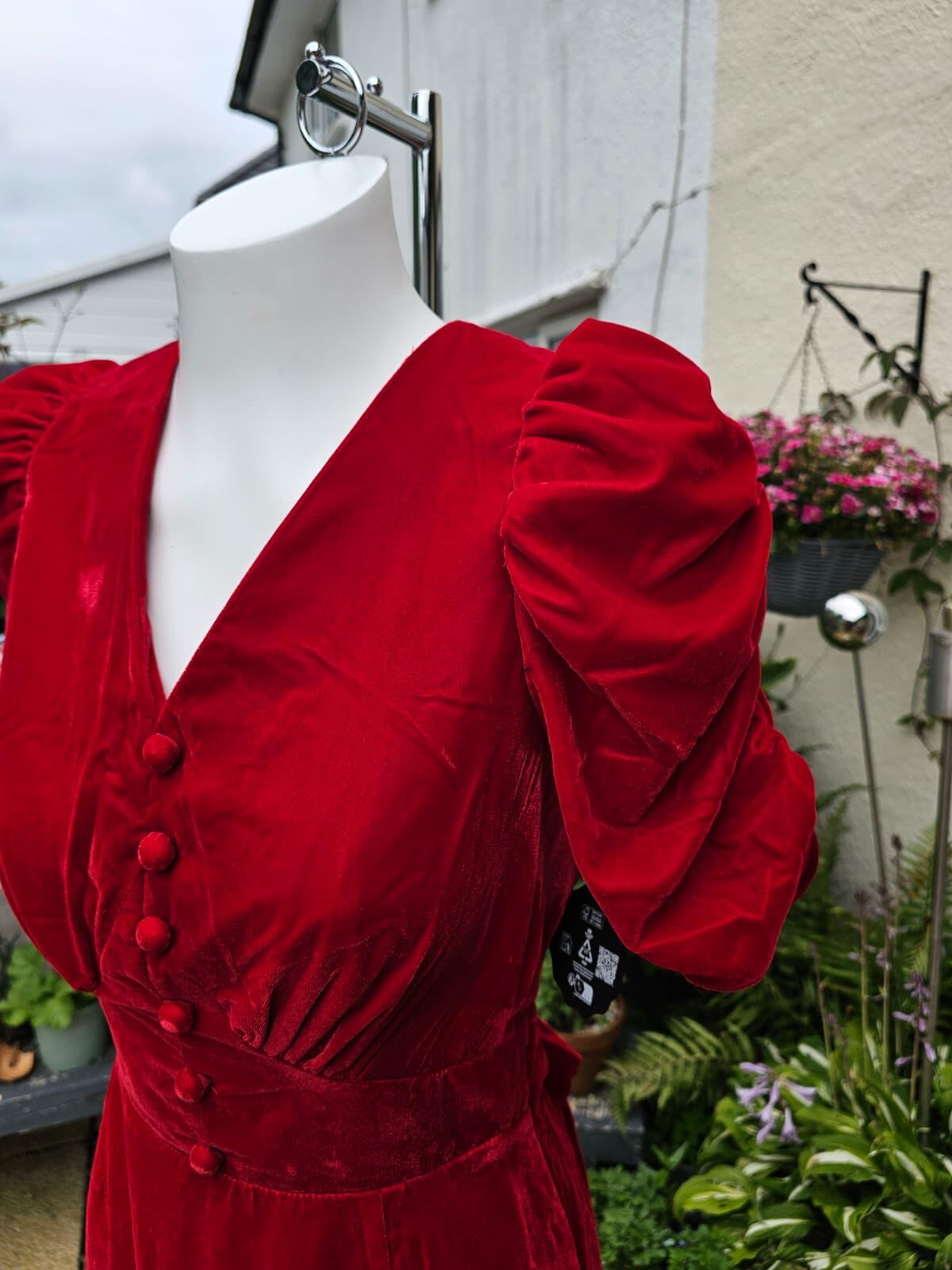 Christina Hendricks Joanie Neroli Puff Sleeve Velvet Dress Scarlett Red - UK 8