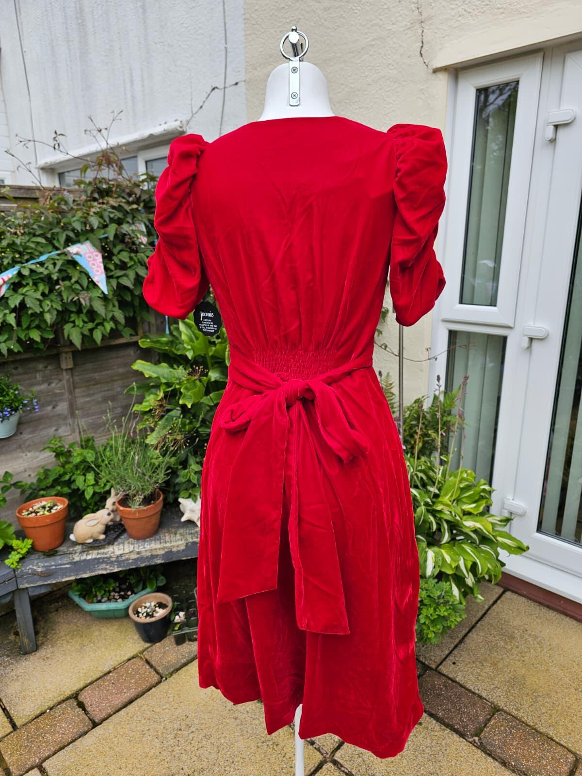 Christina Hendricks Joanie Neroli Puff Sleeve Velvet Dress Scarlett Red - UK 8