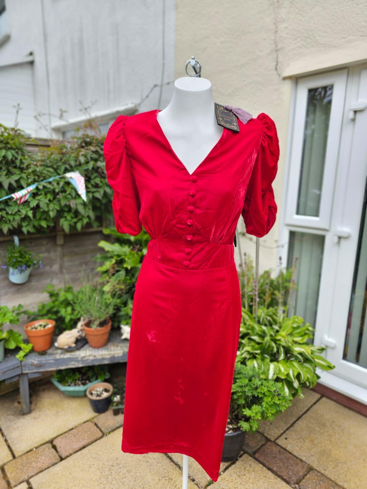 Christina Hendricks Joanie Neroli Puff Sleeve Velvet Dress Scarlett Red - UK 18