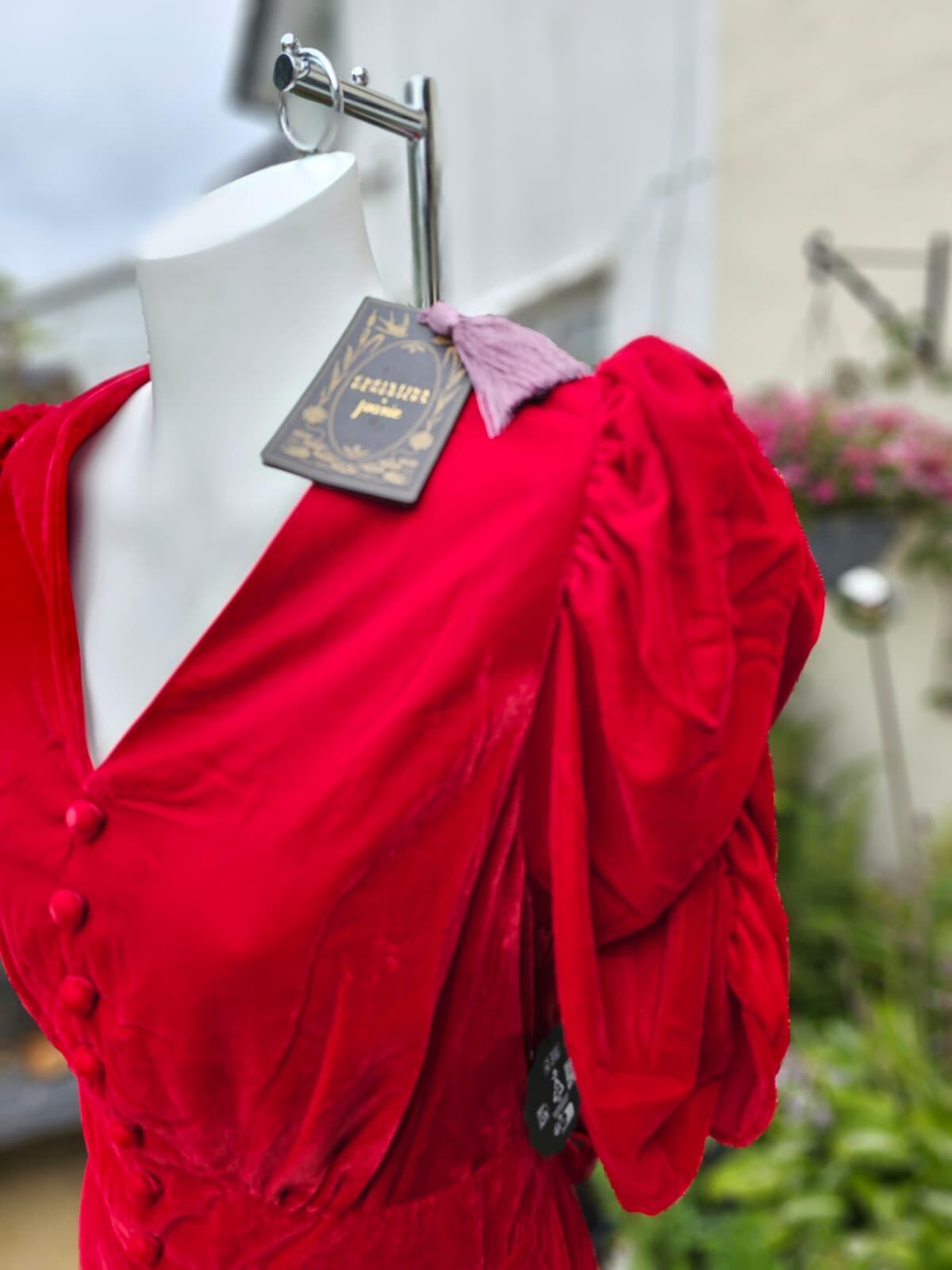 Christina Hendricks Joanie Neroli Puff Sleeve Velvet Dress Scarlett Red - UK 18