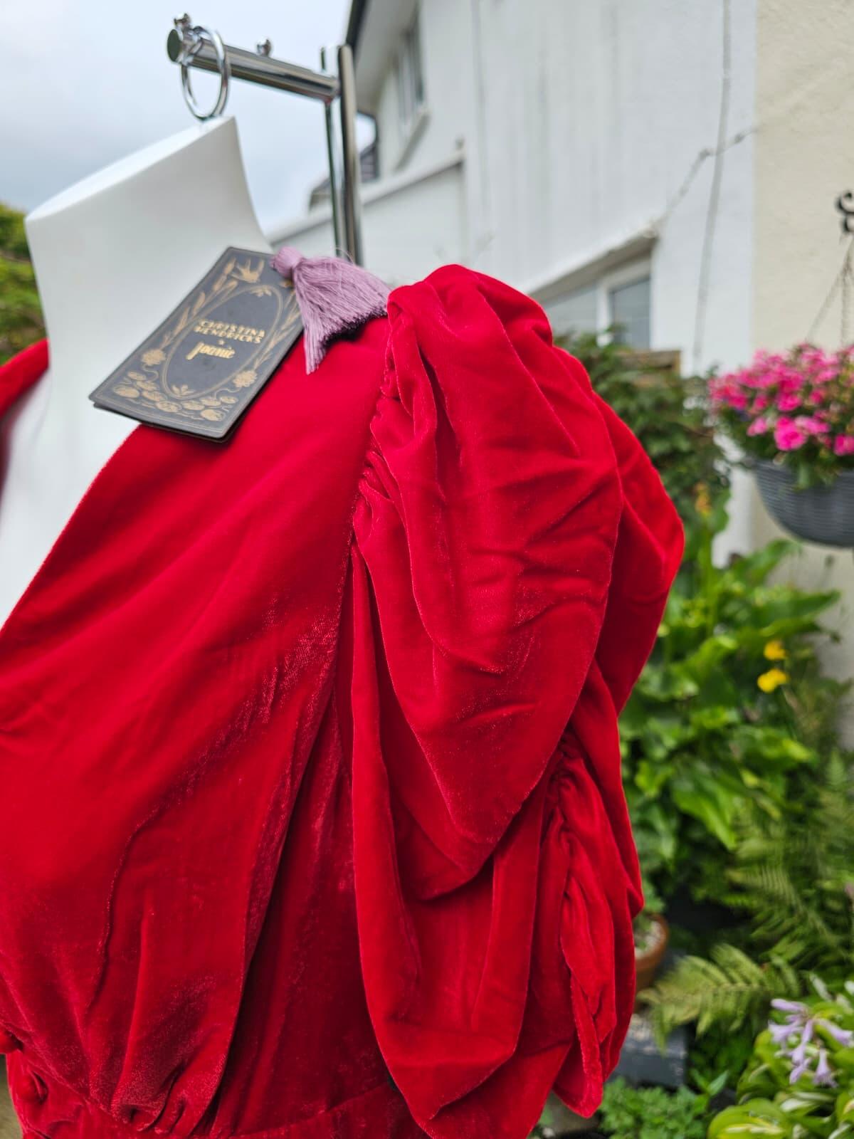 Christina Hendricks Joanie Neroli Puff Sleeve Velvet Dress Scarlett Red - UK 18