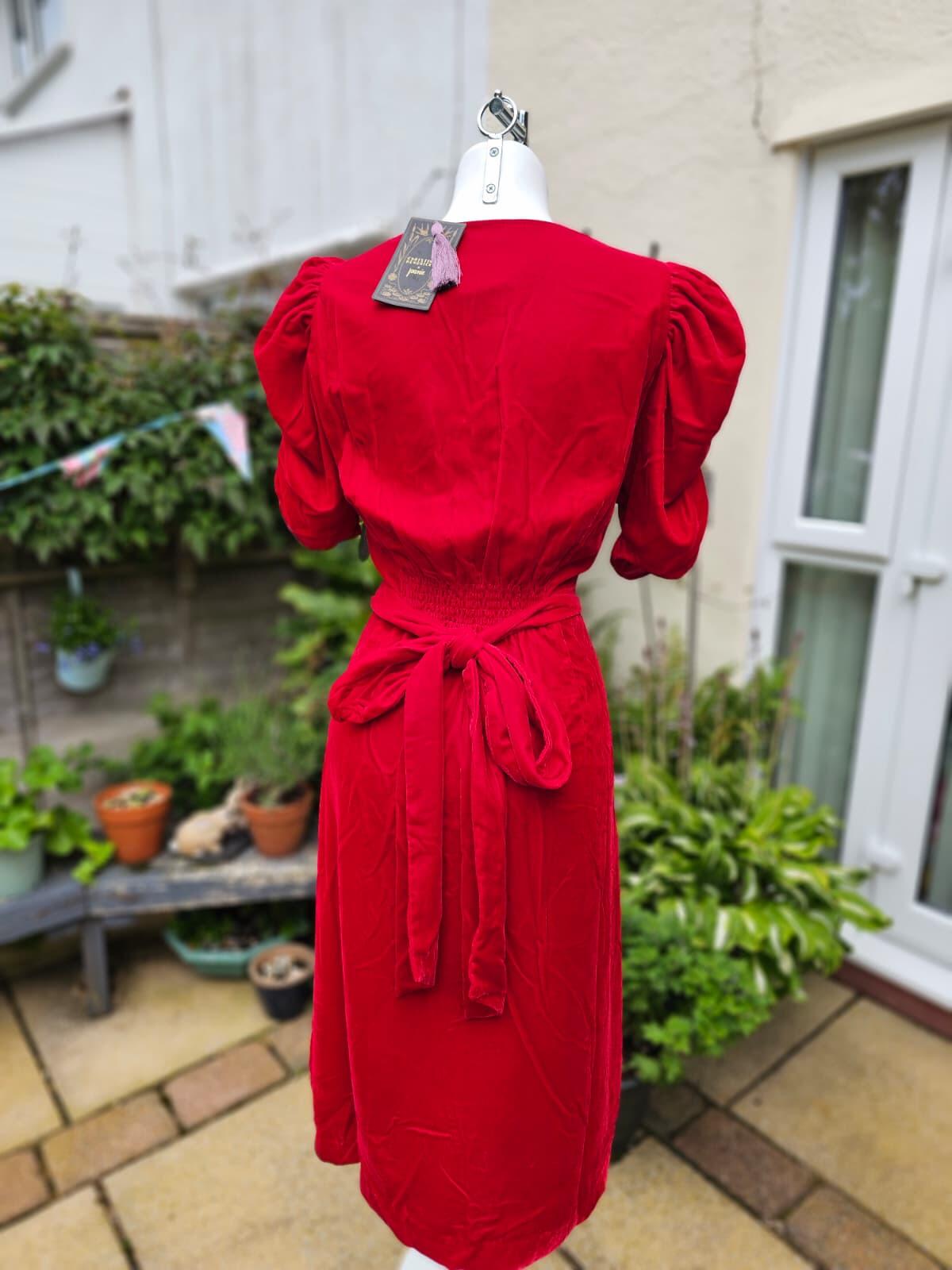 Christina Hendricks Joanie Neroli Puff Sleeve Velvet Dress Scarlett Red - UK 18