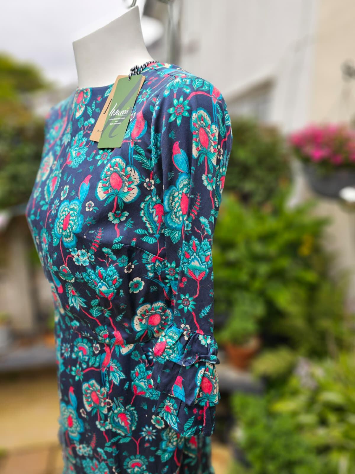 Joanie Caroline Floral Bird Floral Fauna Print Ruffle Mini Spring Dress - UK 10