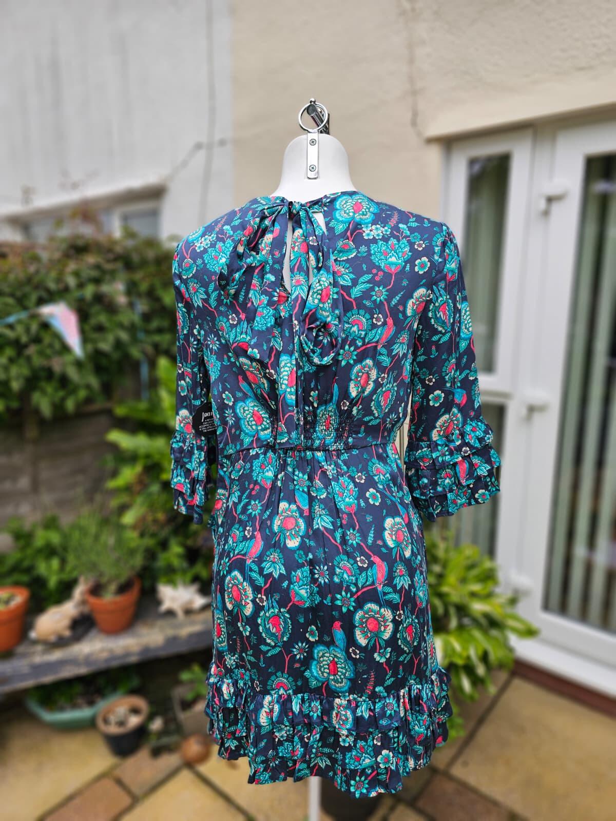 Joanie Caroline Floral Bird Floral Fauna Print Ruffle Mini Spring Dress - UK 10