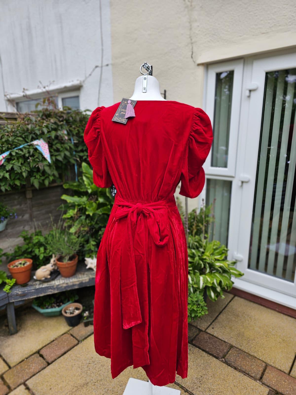 Christina Hendricks Joanie Neroli Puff Sleeve Velvet Dress Scarlett Red - UK 18