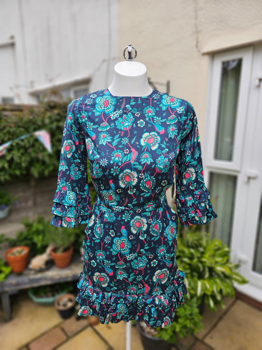 Joanie Caroline Floral Bird Floral Fauna Print Ruffle Mini Spring Dress - UK 8