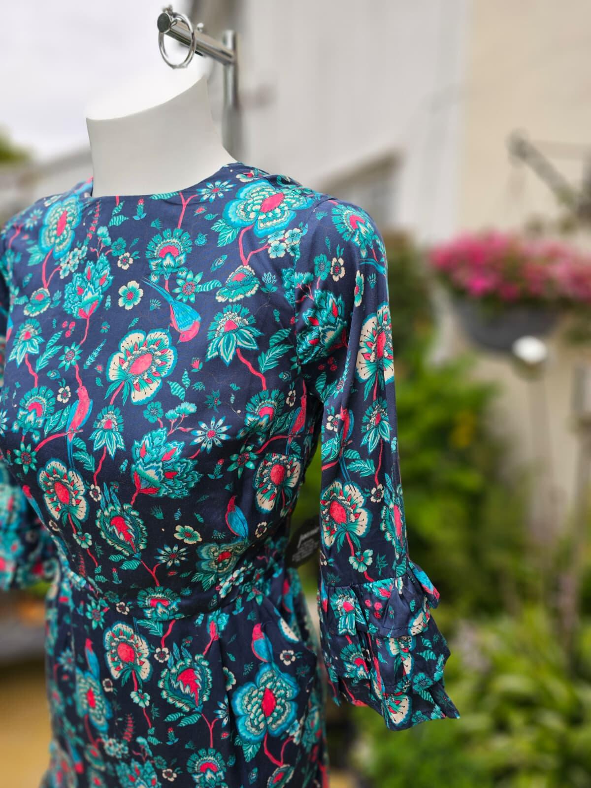 Joanie Caroline Floral Bird Floral Fauna Print Ruffle Mini Spring Dress - UK 8
