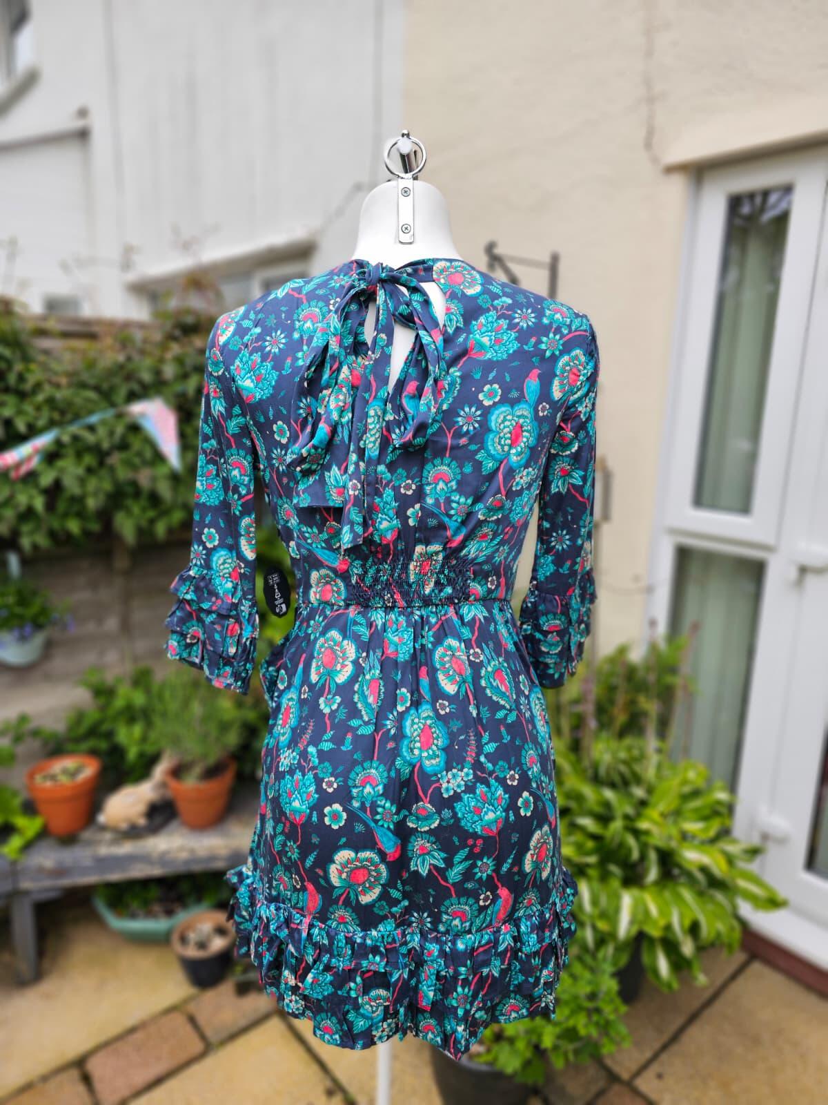 Joanie Caroline Floral Bird Floral Fauna Print Ruffle Mini Spring Dress - UK 8