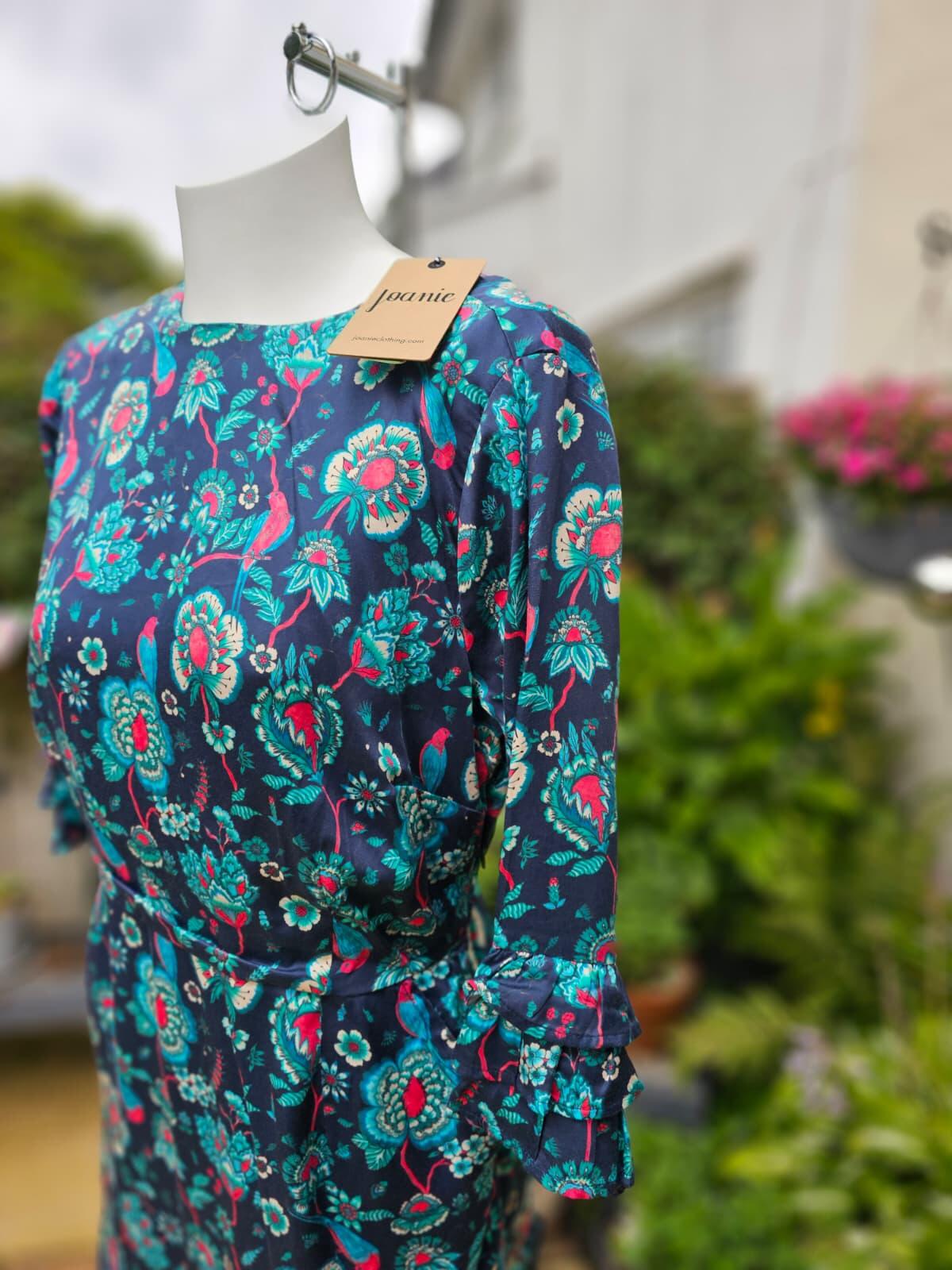 Joanie Caroline Floral Bird Floral Fauna Print Ruffle Mini Spring Dress - UK 14