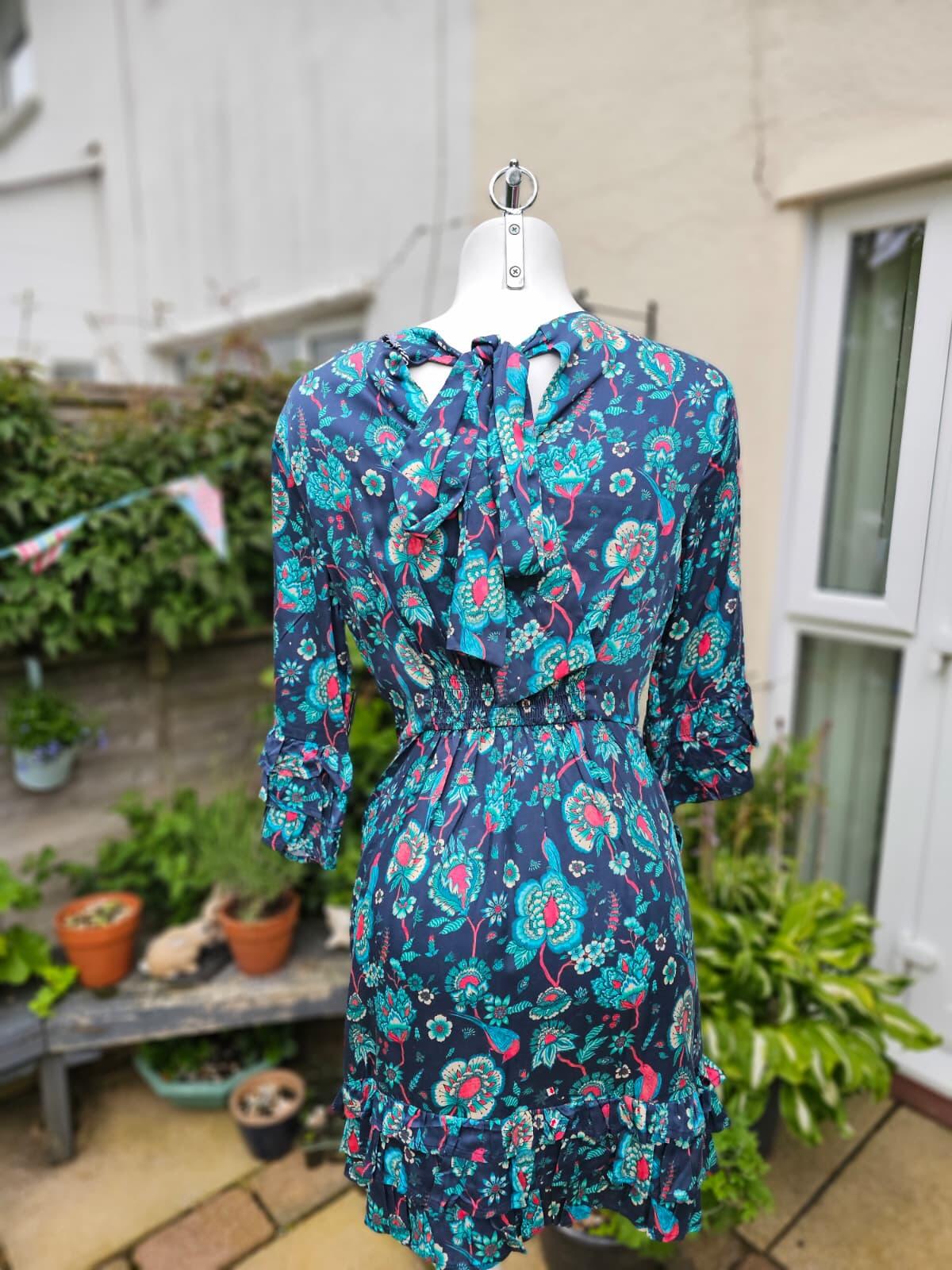 Joanie Caroline Floral Bird Floral Fauna Print Ruffle Mini Spring Dress - UK 14