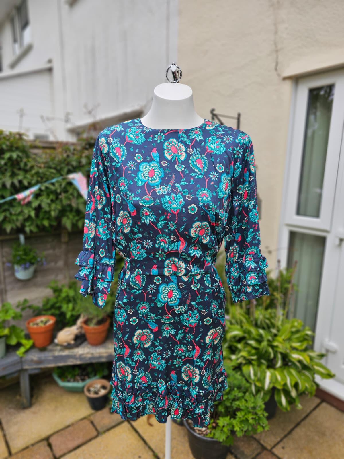 Joanie Caroline Floral Bird Floral Fauna Print Ruffle Mini Spring Dress - UK 16