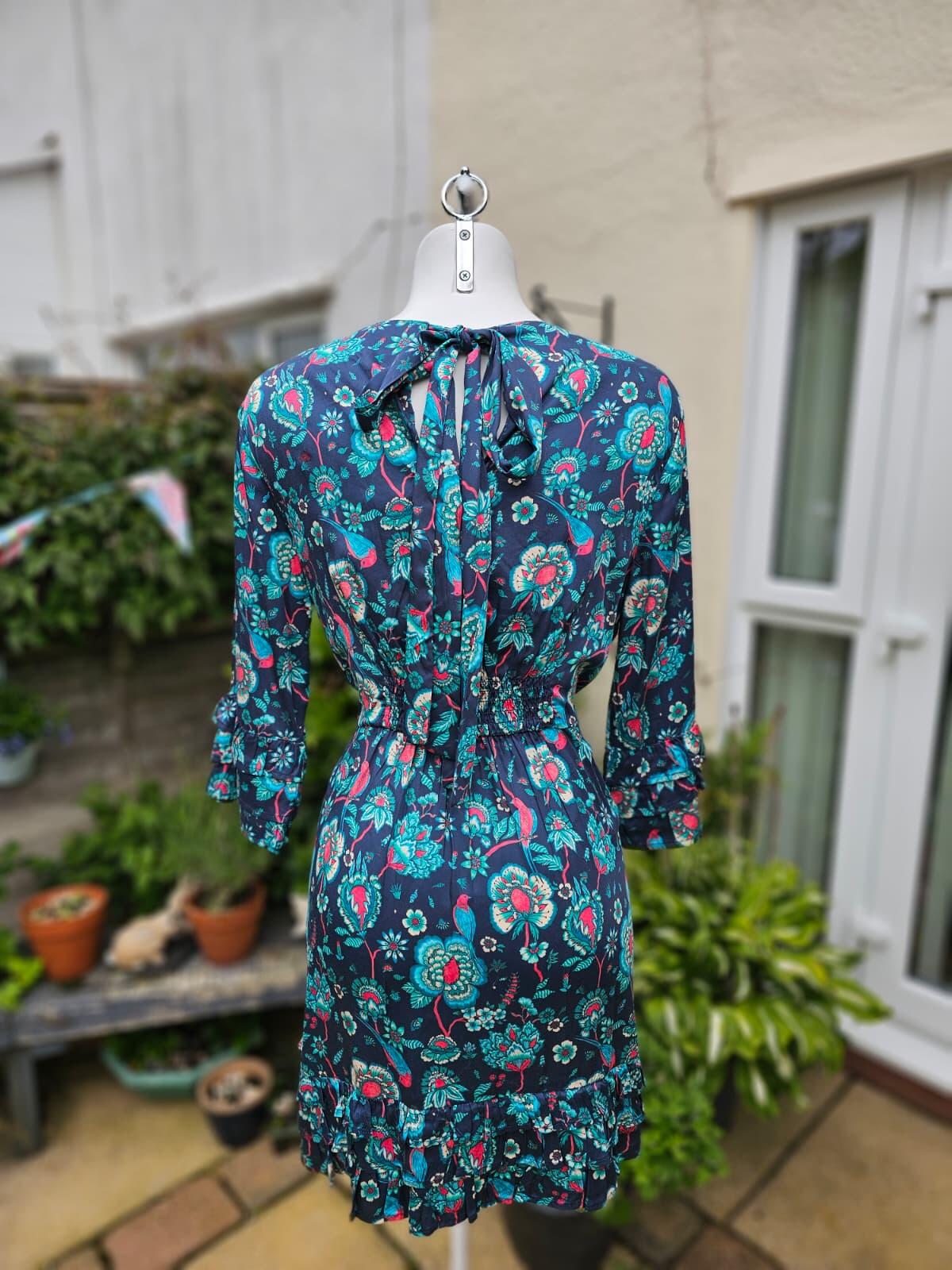 Joanie Caroline Floral Bird Floral Fauna Print Ruffle Mini Spring Dress - UK 16