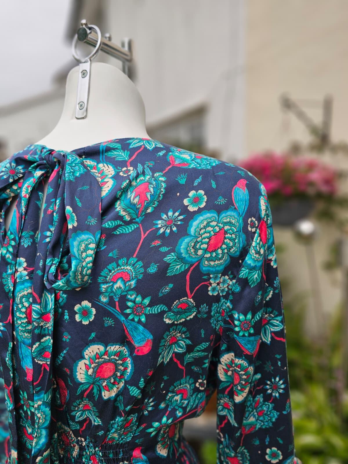 Joanie Caroline Floral Bird Floral Fauna Print Ruffle Mini Spring Dress - UK 16