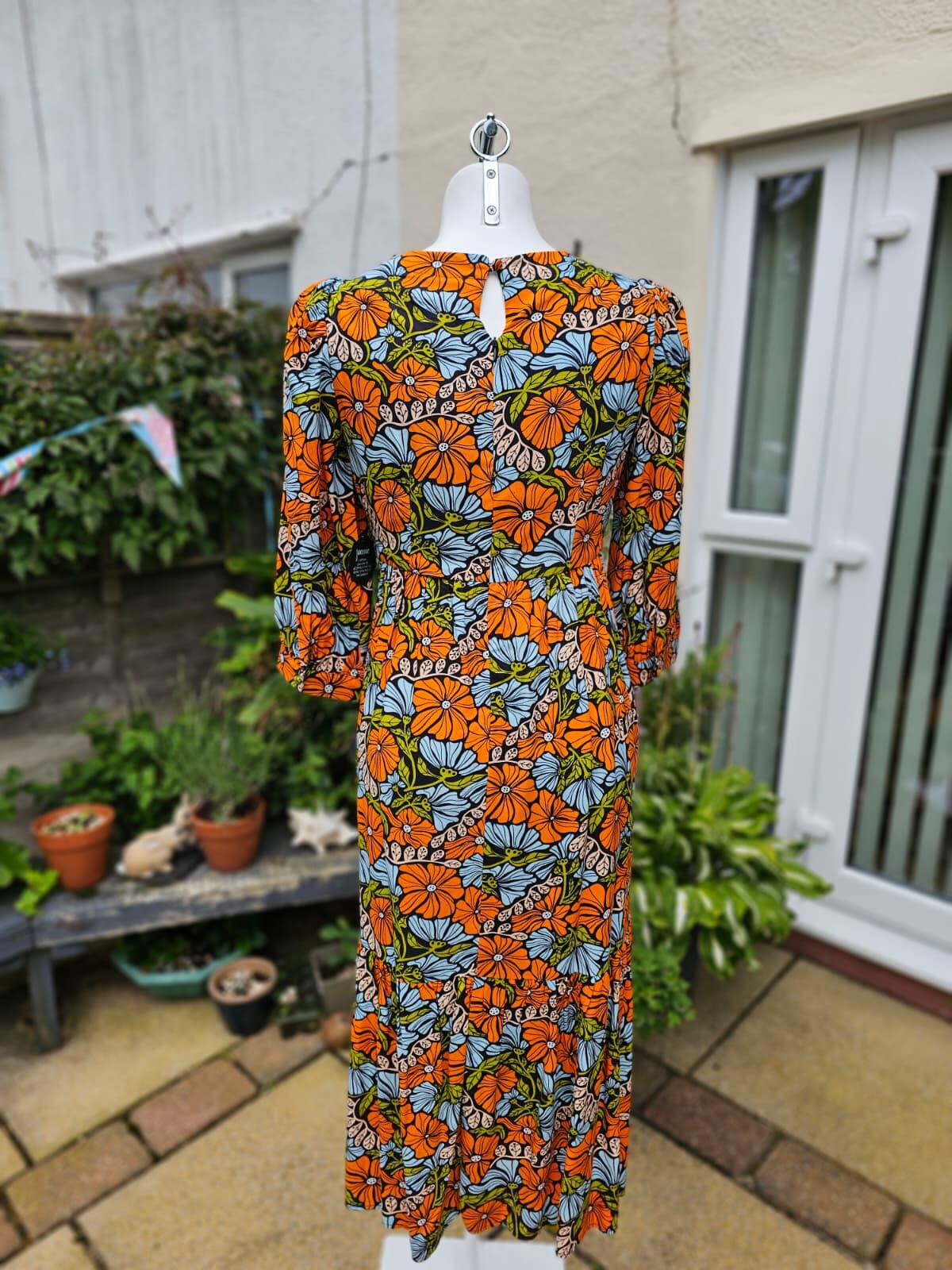 Joanie Womens Candi Vintage Floral Flower Print Square Neck Midi Dress - UK 10