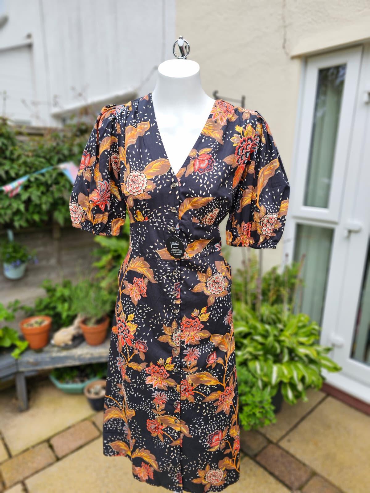Joanie Rebecca Black Chintz Floral Print Puff Sleeve Button Midi Dress - UK 14