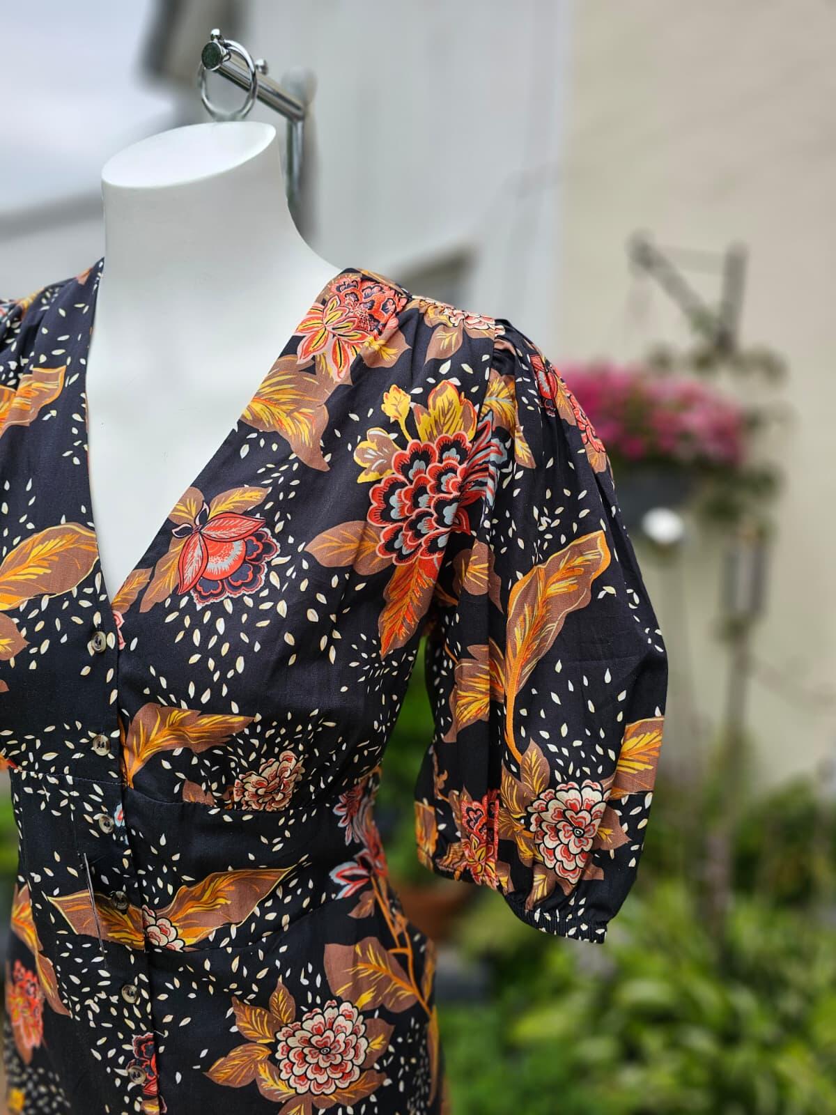 Joanie Rebecca Black Chintz Floral Print Puff Sleeve Button Midi Dress - UK 14