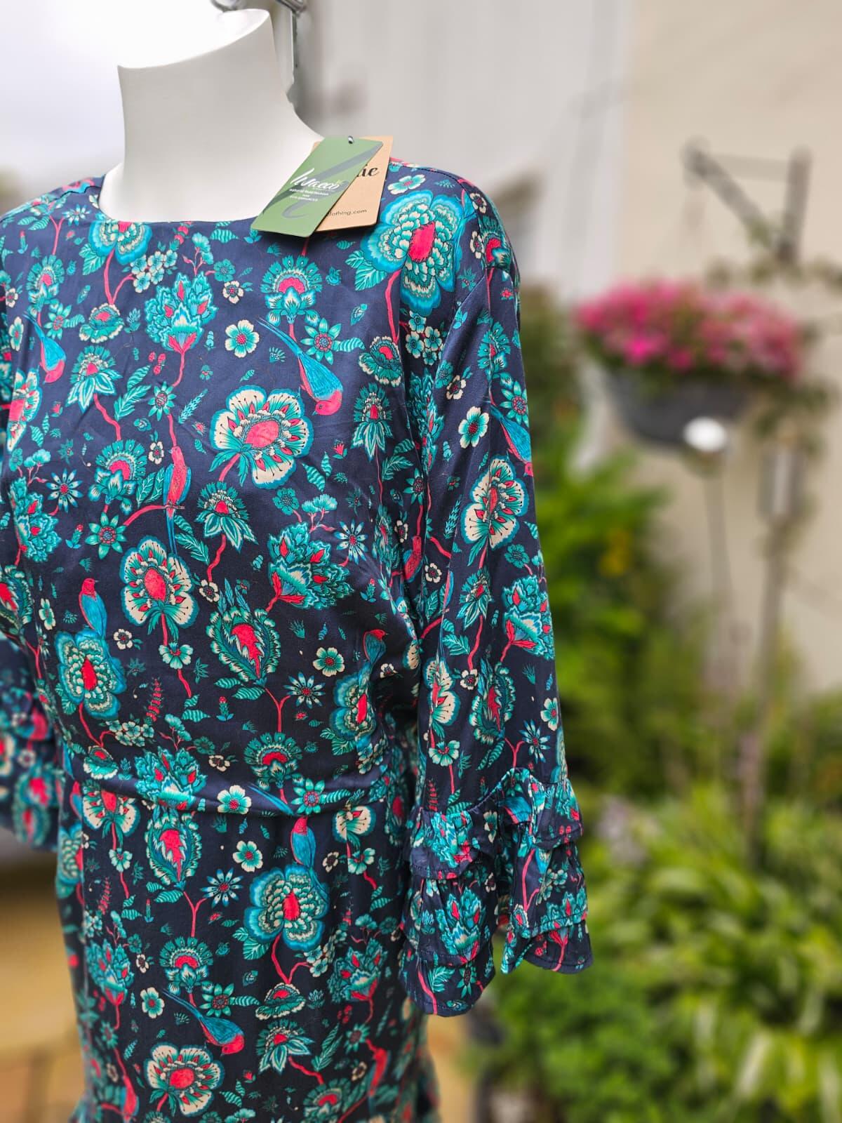 Joanie Caroline Floral Bird Floral Fauna Print Ruffle Mini Spring Dress - UK 20