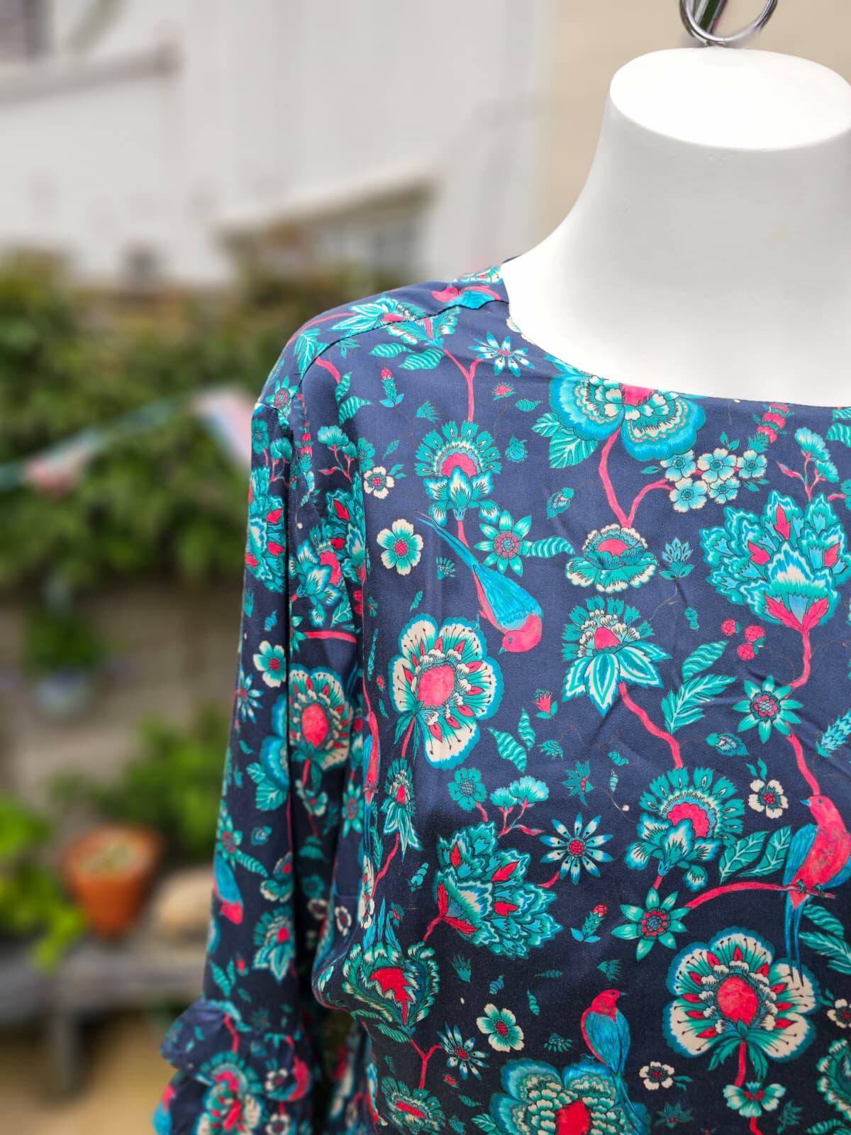 Joanie Caroline Floral Bird Floral Fauna Print Ruffle Mini Spring Dress - UK 20