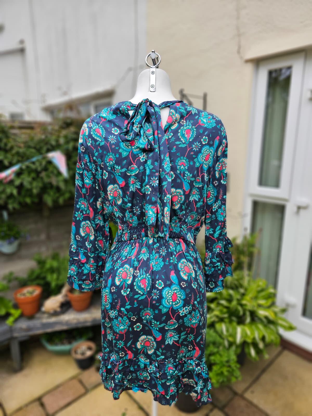 Joanie Caroline Floral Bird Floral Fauna Print Ruffle Mini Spring Dress - UK 20
