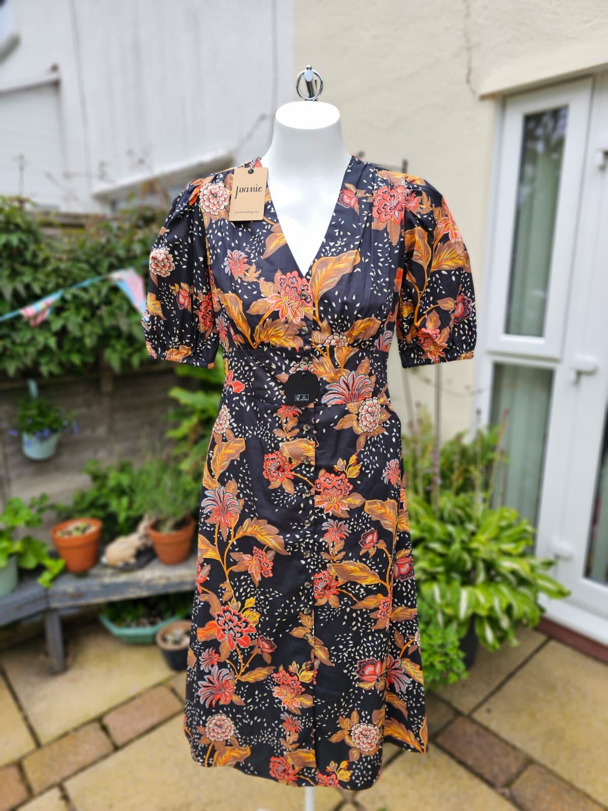 Joanie Rebecca Black Chintz Floral Print Puff Sleeve Button Front Midi Dress 10