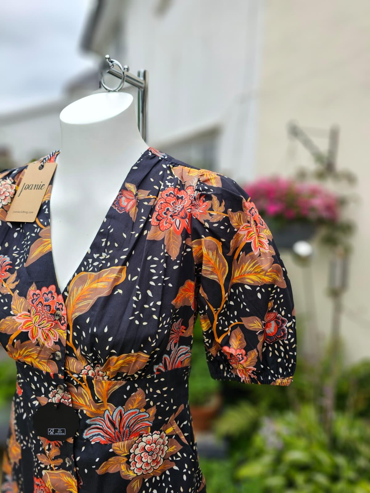 Joanie Rebecca Black Chintz Floral Print Puff Sleeve Button Front Midi Dress 10