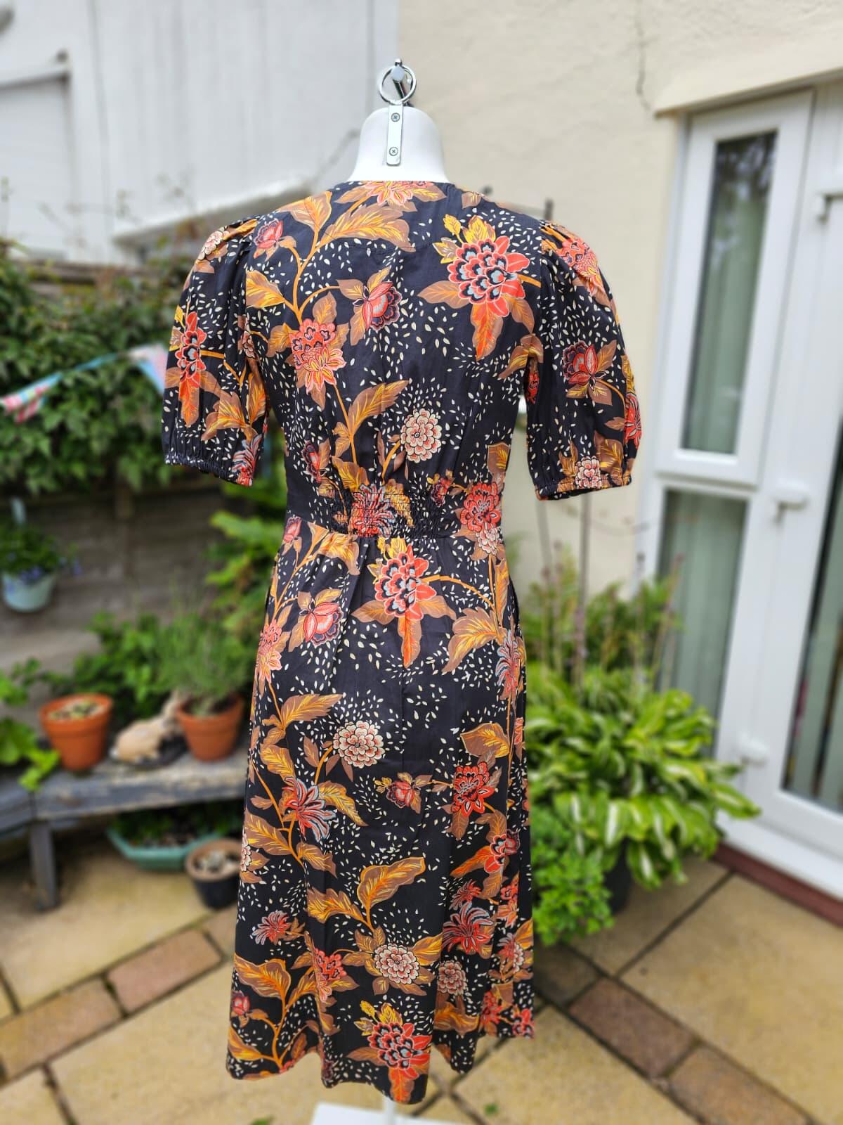 Joanie Rebecca Black Chintz Floral Print Puff Sleeve Button Front Midi Dress 10