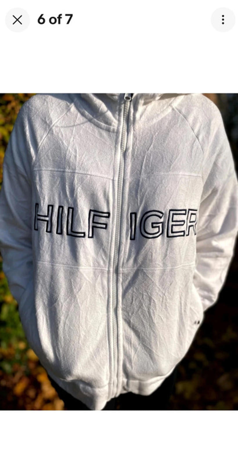 Vintage White Tommy Hilfiger Full Zip Fleece Hoodie Jacket - L/Large